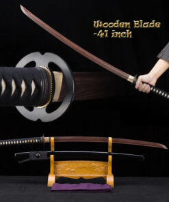 A Japanese wooden sword Katana, displayed next to its scabbard, on a small stand, along with a close-up of the sword's hilt, and a man's arm holding the Katana sword for demonstration.