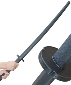 Two hands holding a training Katana bokken sword, and a close up of the sword's Tsuba hand-guard.