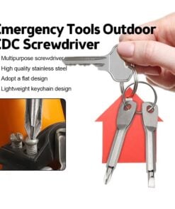 A hand holding a key with two keychain screwdrivers attached, next to a product demonstation window and written product information.