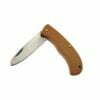 A wood handled folding pocket knife in a half folded position.