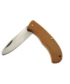 A wood handled folding pocket knife in a half folded position.