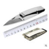 A folding knife cash clip next to a measurement ruler and the same knife in a folded position demonstated with cash in its clip.