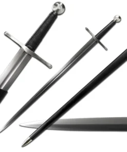 A Crusader Knight sword displayed next to its scabbard, along with sword close-ups.