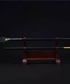 A Chinese leaf spear weapon, displayed on a wooden stand with its pole handle extension.