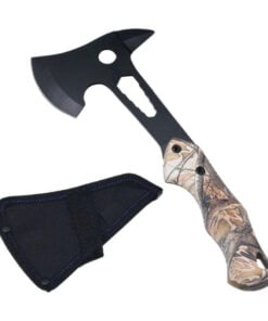 A lightweight axe displayed next to its sheath.