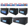 Six different sized large capacity lithium marine battery units, with different countries and their associated flags listed above the batteries.