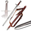 A straight double edged , knights medieval broadsword, displayed next to its leather scabbard.
