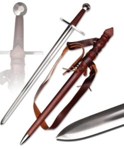 A straight double edged , knights medieval broadsword, displayed next to its leather scabbard.