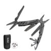 A multi function tool with pliers, scissors, knife, saw and other tools opened and tool pouch below.
