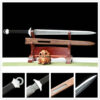 A double edged, straight blade tactical sword and its wooden scabbard displayed on a wood stand, with product highlights below.