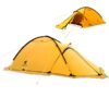 A bright yellow colored, two person, mountaineering tent, along with the same tent displayed above, from a different view angle.