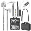 An emergency multi tool kit displaying a wide range of survival tools, including a multifunctional shovel, axe and ice pick.