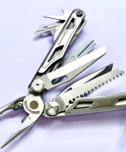 A folding survival multifunction tool with its pliers and other tools opened.