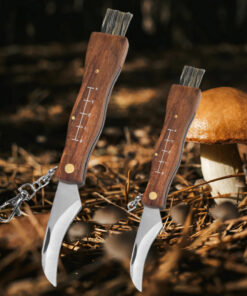 Two folding mushroom knife with brush models of differing sizes, displayed against a forest floor background.