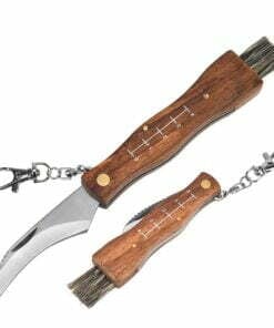 Tow folding mushroom knnives; one with its curved blade opened and the other in a fully closed position.