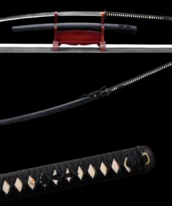 A long, two handed Nagamaki sword, displayed next to its scabbard on a wooden stand, along with the same Nagamaki sword shown below sheathed.