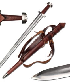 A Carolingian Nordic sword displayed next to its scabbard, along with sword highlights.