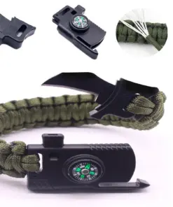 A survival paracord bracelet with a built-in knife and compass.