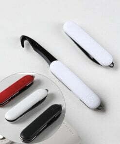 A seat belt cutter knife displayed in both opened and closed blade positions with a separate section showing three different color folded pocket knives.