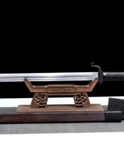 A straight blade shortsword with scabbard on wooden display stand.