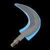 A replacement hand sickle blade, in a plastic sleeve.