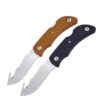 Two folding skinning knives with gut hook blades opened.