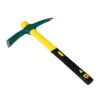 A small garden pick with a yellow and black handle and a green double sided mattock head.