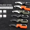 Five small keychain knives with blades opened, and product information.