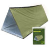 A green colored space blanket tent displayed erected, along with its packaging below.