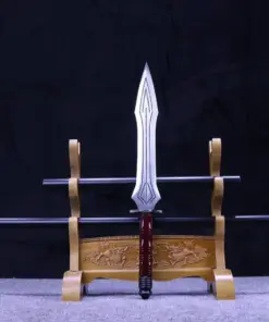 A spear sword weapon, displayed next to its two pole handle extensions, leaning against a small wooden stand.