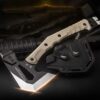 A multi function hatchet displayed next to its sheath.