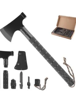 A survival tomahawk with display of its multi function tools below