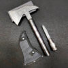 A survival tomahawk dsiplayed next to its axe sheath and survival knife.