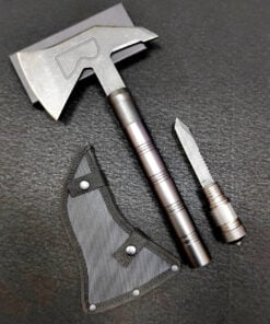 A survival tomahawk dsiplayed next to its axe sheath and survival knife.