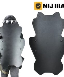 A bulletproof tactical shield with its NIJ IIIA rating, along with the same shield held by a soldier in demonstration.