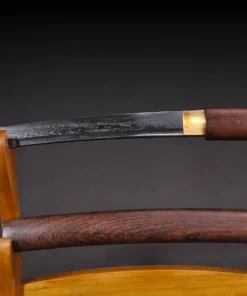 A Japanese Tanto Shirasaya knife displayed next to its sheath, on a wooden stand.
