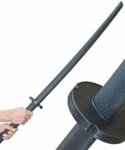 Two hands holding a training Katana sword and a close up of the sword's Tsuba hand guard.