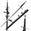 A two handed training longsword with a straight, double edged blade, displayed next to its scabbard, along with sword highlights.