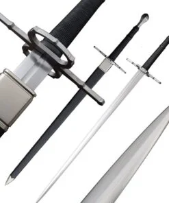 A battle ready Claymore sword displayed both within and alongside its scabbard, along with sword highlights.