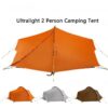 An orange colored two man tent, with the same tent displayed below in three different color variations.
