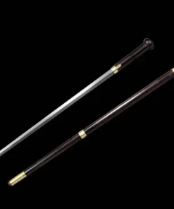 A walking stick sword displayed next to its scabbard.