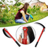 A woman kneeling in a garden, with a folded sickle and unfolded blade sickle tool, along with a closeup of the blade's lock below.