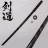 A wooden training Katana bokken in Shirasaya, with product highlights below and Japanese text above.