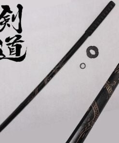 A wooden training Katana bokken in Shirasaya, with product highlights below and Japanese text above.