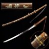 Two WWII Japanese swords, one within its sheath and the other the Katana sword only. Plus close-ups of the scabbard markings and hand-guard above and below.