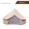 A white, canvas yurt tent displayed erected, with minor product description above.