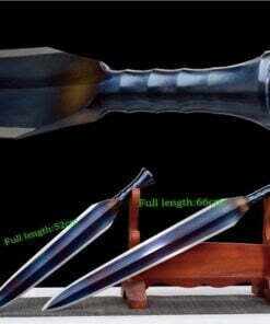 Two blue single handed swords resting against a wooden sword stand, and a product close-up of the handle.