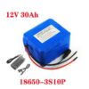 A 12v 30ah battery with charger and battery specifications displayed.