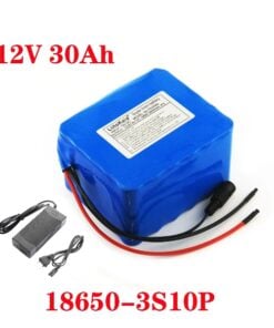 A 12v 30ah battery with charger and battery specifications displayed.