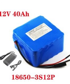 A 12v 40ah battery with battery charger and battery specifications.